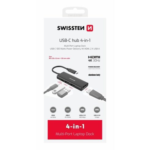 Swissten USB-C hub 4-in-1 (USB-C 100W, HDMI 4K, 2XUSB-A) alumínium