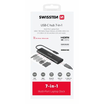   Swissten USB-C hub 7-in-1 (USB-C 100W, HDMI 4K, 1XUSB-A 3.0, 2XUSB-A 2.0, SD, Micro SD) aluminium