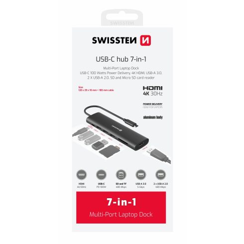 Swissten USB-C hub 7-in-1 (USB-C 100W, HDMI 4K, 1XUSB-A 3.0, 2XUSB-A 2.0, SD, Micro SD) aluminium