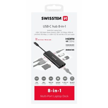   Swissten USB-C hub 8-in-1 (USB-C 100W, HDMI 4K, LAN RJ45, 2XUSB-A, 1XUSB-C 5GBps, SD, Micro SD) aluminium