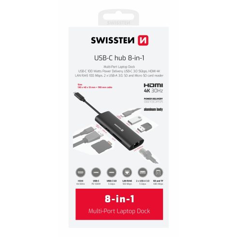 Swissten USB-C hub 8-in-1 (USB-C 100W, HDMI 4K, LAN RJ45, 2XUSB-A, 1XUSB-C 5GBps, SD, Micro SD) aluminium