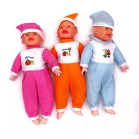Elemes csecsemőbaba színes ruhában 45cm