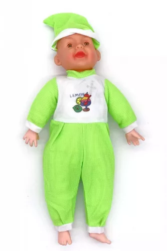 Elemes csecsemőbaba színes ruhában 45cm