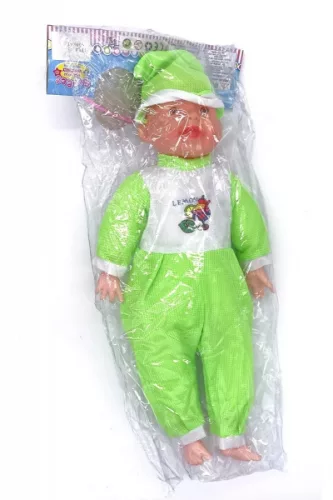 Elemes csecsemőbaba színes ruhában 45cm