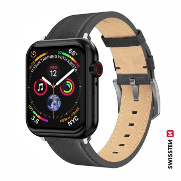   Swissten Apple Watch fekete bőrszíj 42/44/45/49 mm, ezüst csattal