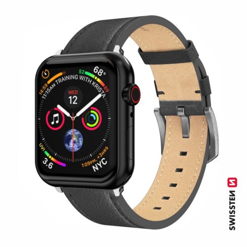 Swissten Apple Watch fekete bőrszíj 42/44/45/49 mm, ezüst csattal