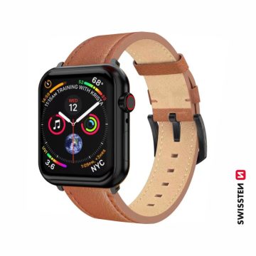   Swissten Apple Watch barna bőrszíj 42/44/45/49 mm, fekete csattal