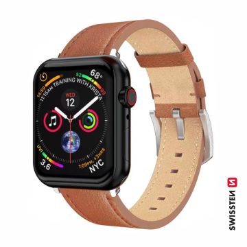   Swissten Apple Watch barna bőrszíj 42/44/45/49 mm, ezüst csattal