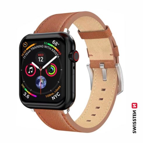 Swissten Apple Watch barna bőrszíj 42/44/45/49 mm, ezüst csattal