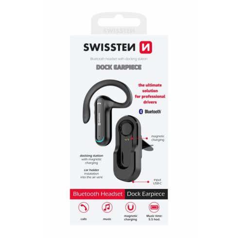 Swissten Dock bluetooth headset dokkolóval autós szellőzőrácsba, fekete