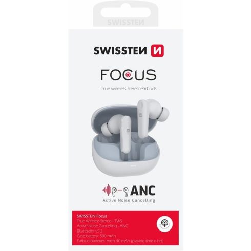 Swissten Focus ANC TWS bluetooth fülhallgató aktív zajszûrővel, fehér