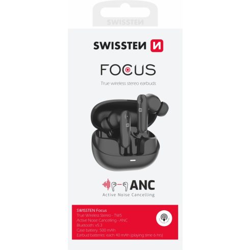 Swissten Focus ANC TWS bluetooth fülhallgató aktív zajszûrővel, fekete