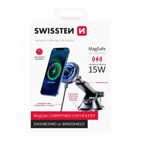 Swissten mágneses autós telefontartó és vezeték nélküli töltő MagSafe kompatibilitással mûszerfalra, 15W
