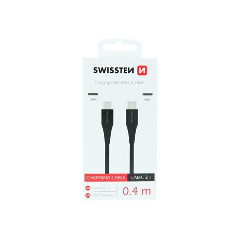 Swissten töltőkábel gumírozott USB-C/USB-C 3.1, 0,4m, fekete