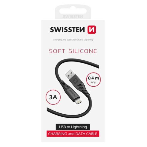 Swissten puha szilikon adat- és töltőkábel, USB/lightning, 0,4m, 3A, fekete