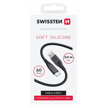   Swissten puha szilikon adat- és töltőkábel, USB/USB-C, 0,4m, 60W, fekete