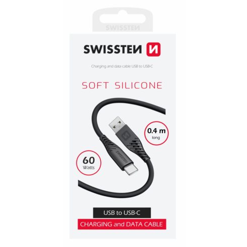 Swissten puha szilikon adat- és töltőkábel, USB/USB-C, 0,4m, 60W, fekete