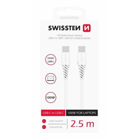 Swissten töltőkábel, TPE, USB-C/USB-C PowerDelivery 5A (100W), 2,5 m, fehér