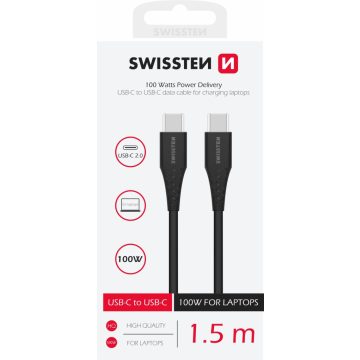   Swissten adat- és töltőkábel, TPE, USB-C/USB-C PowerDelivery 5A (100W), 1,5 m, fekete