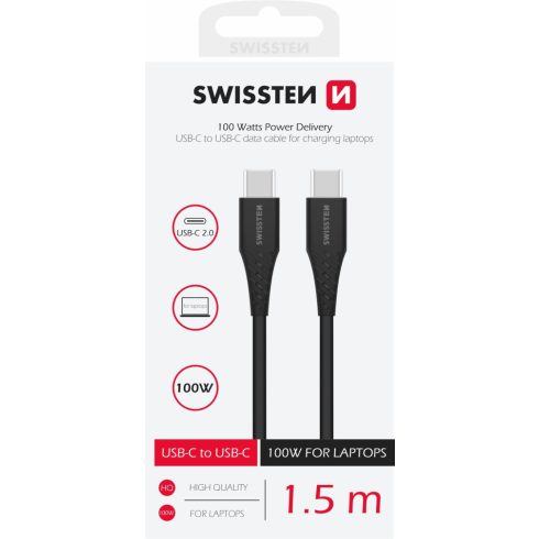 Swissten adat- és töltőkábel, TPE, USB-C/USB-C PowerDelivery 5A (100W), 1,5 m, fekete