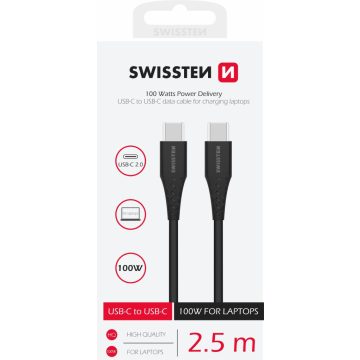   Swissten adat- és töltőkábel, TPE, USB-C/USB-C PowerDelivery 5A (100W), 2,5 m, fekete