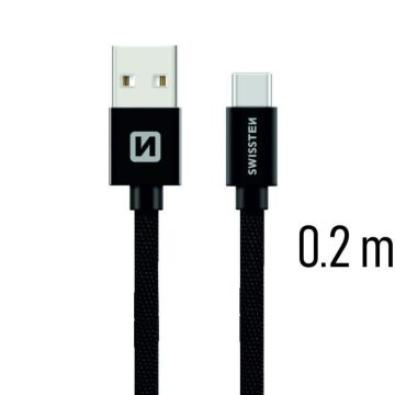   Swissten adat- és töltőkábel textil bevonattal, USB/USB-C, 0,2 m fekete