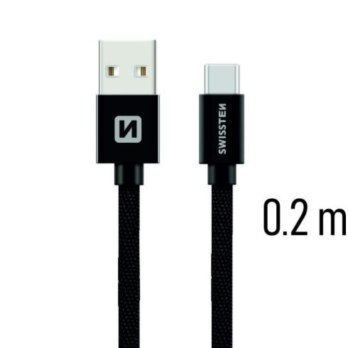 Swissten adat- és töltőkábel textil bevonattal, USB/USB-C, 0,2 m fekete