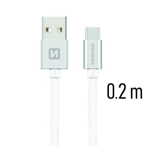 Swissten adat- és töltőkábel textil bevonattal, USB/USB-C, 0,2 m ezüst/fehér