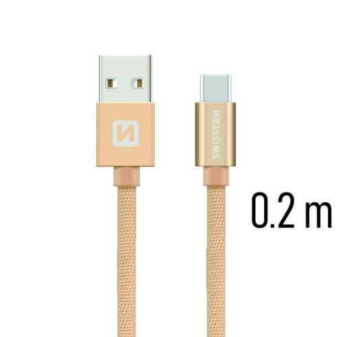 Swissten adat- és töltőkábel textil bevonattal, USB/USB-C, 0,2 m arany