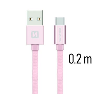   Swissten adat- és töltőkábel textil bevonattal, USB/USB-C, 0,2 m rozé arany