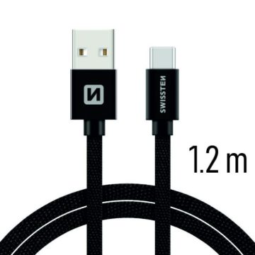   Swissten adat- és töltőkábel textil bevonattal, USB/USB-C, 1,2 m fekete