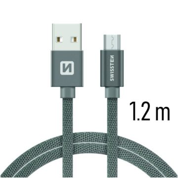   Swissten adat- és töltőkábel textil bevonattal, USB/USB-C, 1,2 m szürke