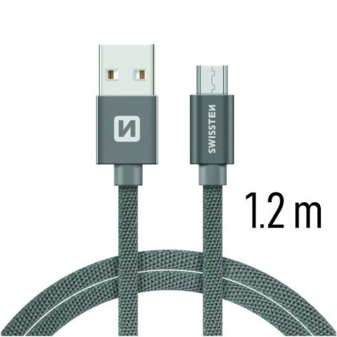 Swissten adat- és töltőkábel textil bevonattal, USB/USB-C, 1,2 m szürke