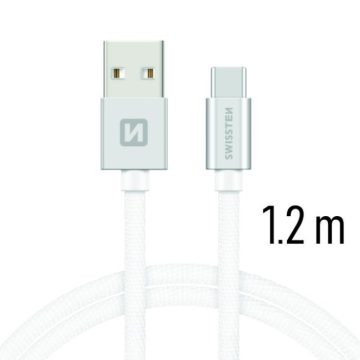   Swissten adat- és töltőkábel textil bevonattal, USB/USB-C, 1,2 m ezüst/fehér