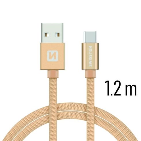 Swissten adat- és töltőkábel textil bevonattal, USB/USB-C, 1,2 m arany