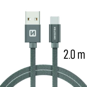   Swissten adat- és töltőkábel textil bevonattal, USB/USB-C, 2 m szürke