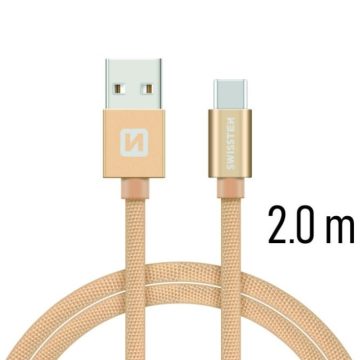   Swissten adat- és töltőkábel textil bevonattal, USB/USB-C, 2 m arany