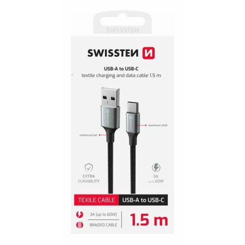 Swissten fonott textil adat- és töltőkábel USB/USB-C, 1,5m, fekete