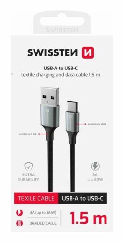 Swissten fonott textil adat- és töltőkábel USB/USB-C, 1,5m, fekete