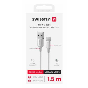   Swissten fonott textil adat- és töltőkábel USB/USB-C, 1,5m, fehér