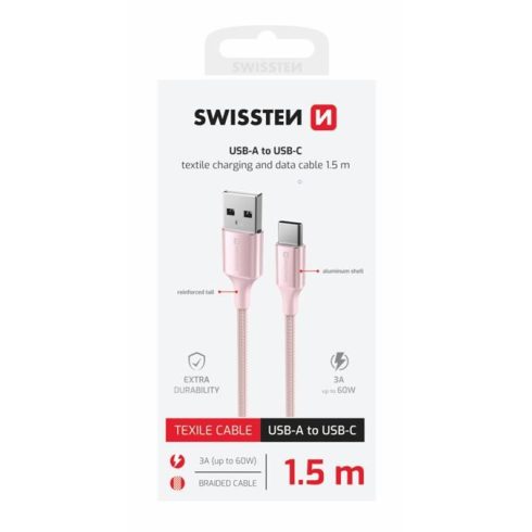 Swissten fonott textil adat- és töltőkábel USB/USB-C, 1,5m, rózsaszín