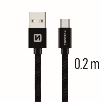   Swissten adat- és töltőkábel textil bevonattal, USB/mikro USB, 0,2 m fekete