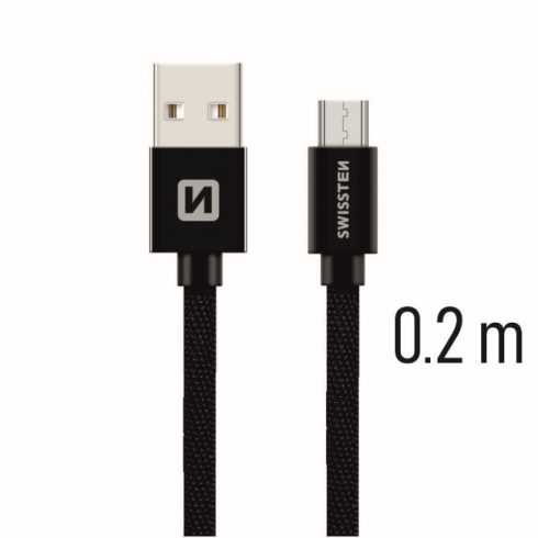 Swissten adat- és töltőkábel textil bevonattal, USB/mikro USB, 0,2 m fekete