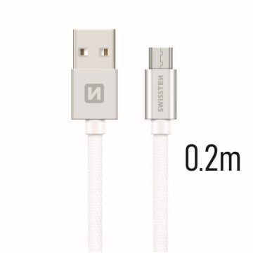   Swissten adat- és töltőkábel textil bevonattal, USB/mikro USB, 0,2 m ezüst/fehér