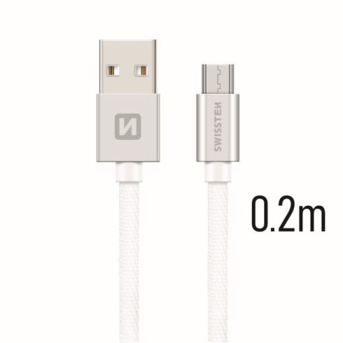 Swissten adat- és töltőkábel textil bevonattal, USB/mikro USB, 0,2 m ezüst/fehér