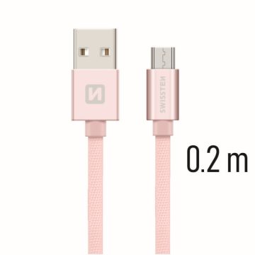   Swissten adat- és töltőkábel textil bevonattal, USB/mikro USB, 0,2 m rozé arany