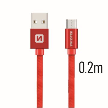   Swissten adat- és töltőkábel textil bevonattal, USB/mikro USB, 0,2 m piros