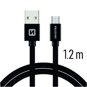   Swissten adat- és töltőkábel textil bevonattal, USB/mikro USB, 1,2 m fekete