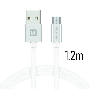   Swissten adat- és töltőkábel textil bevonattal, USB/mikro USB, 1,2 m ezüst/fehér