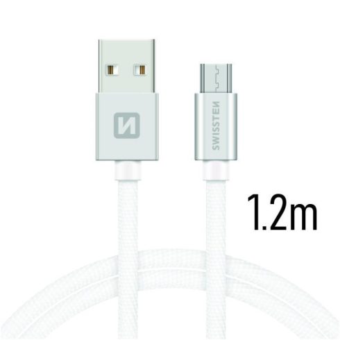 Swissten adat- és töltőkábel textil bevonattal, USB/mikro USB, 1,2 m ezüst/fehér